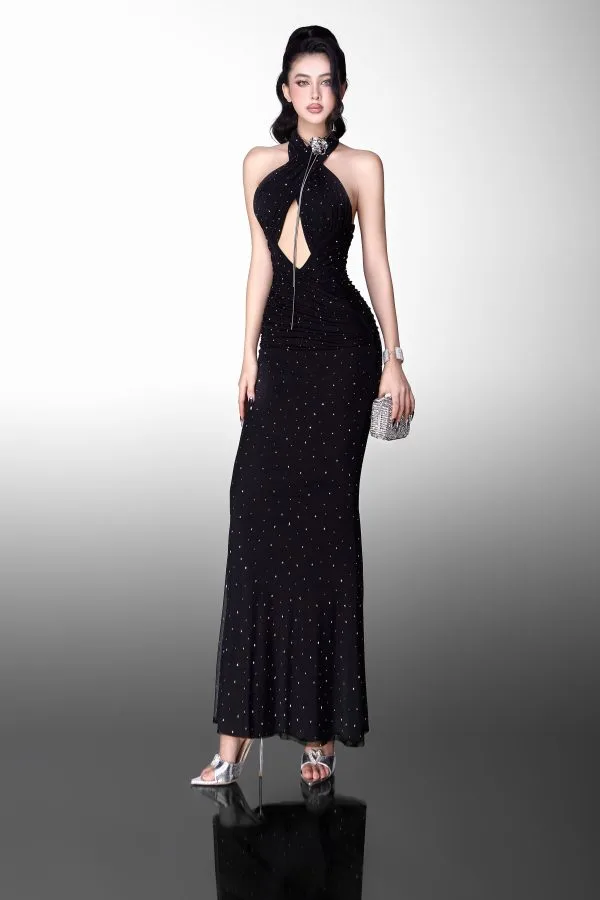 Đầm chéo cổ thun đá dài