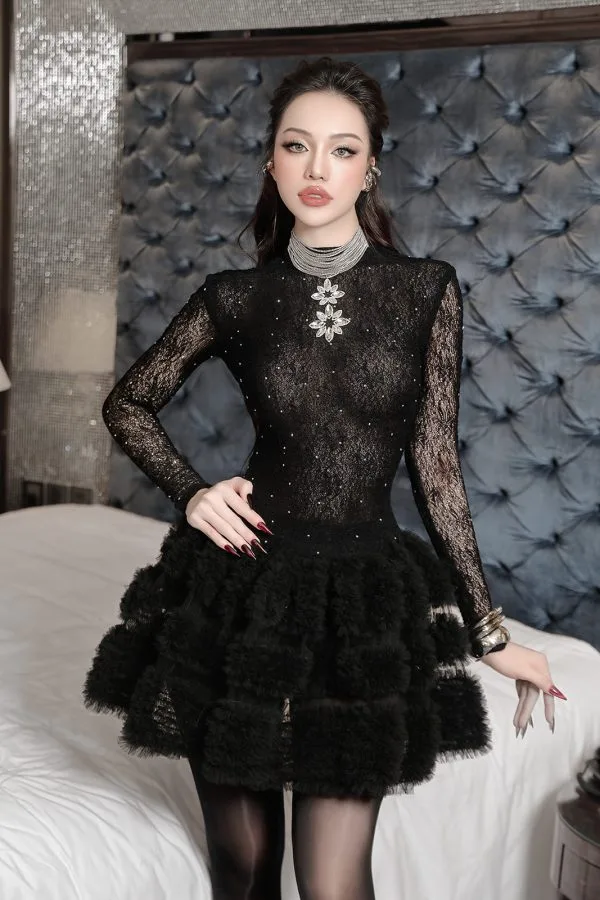 Đầm thun đá tùng nhún bèo