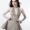 Đầm yếm xoè vải sọc ép đá